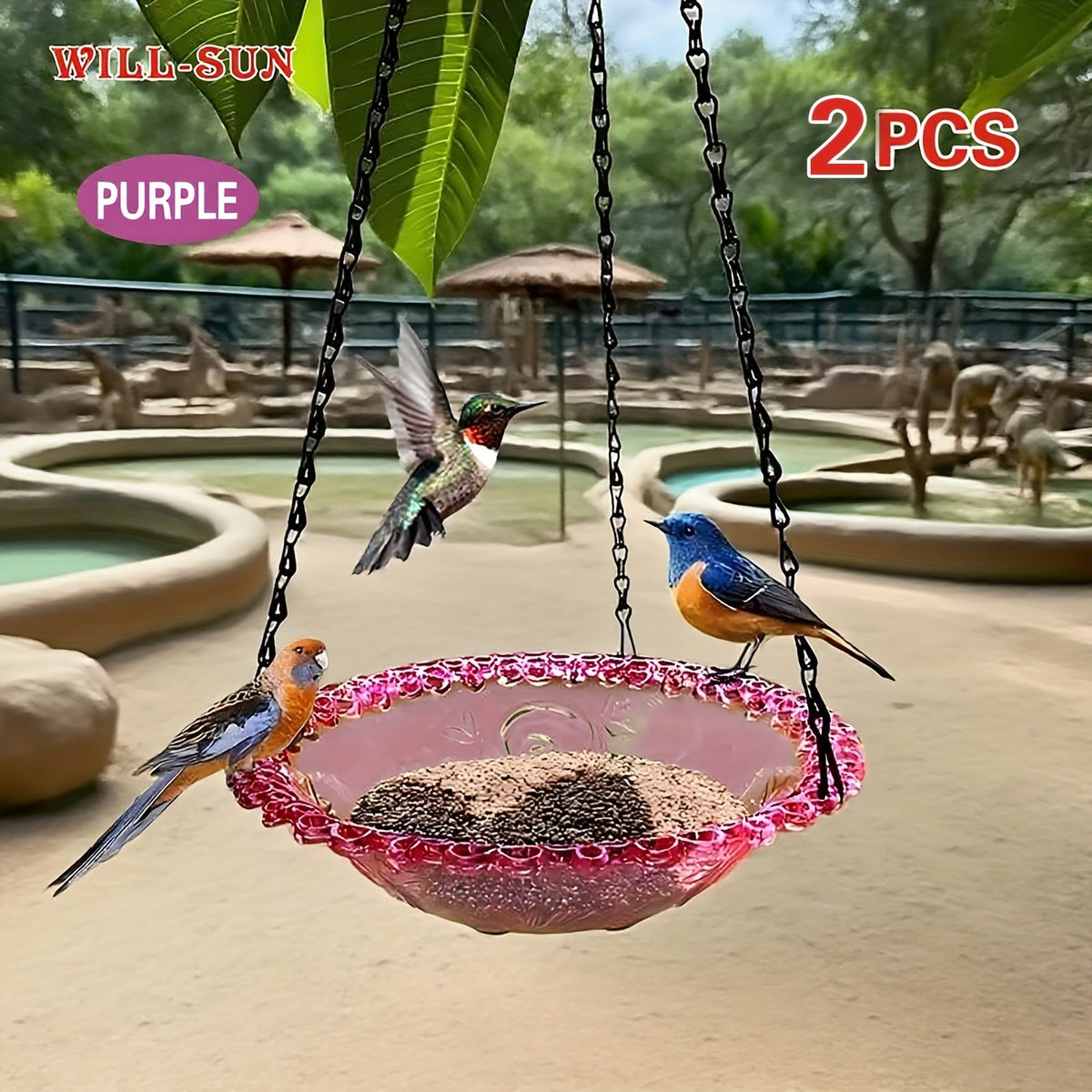 Hanging Bird Feeder 2-Pack with Chain - Decorative Double Bowl Bird Bath & Feeder for Outdoor Garden & Yard, Attracts Hummingbirds & Wild Birds, No Electricity Needed, Durable Plastic (4 Colors)