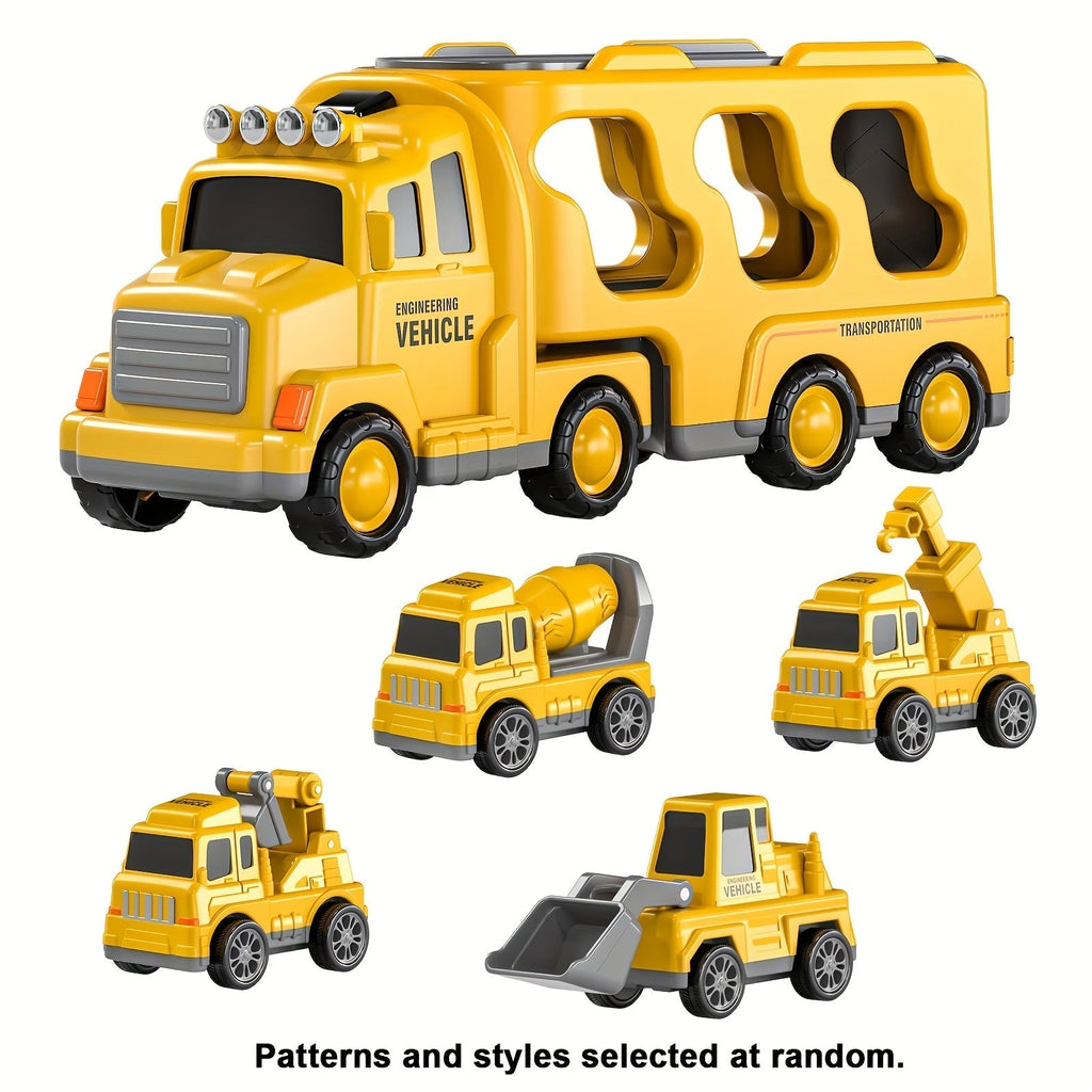 5-in-1 Engineering Vehicle Toy Set for Kids Ages 2+ - Friction Power Construction Trucks Playset with Transport Vehicle, Toddler Boys Gift for Birthday Christmas, Random Accessory Colors