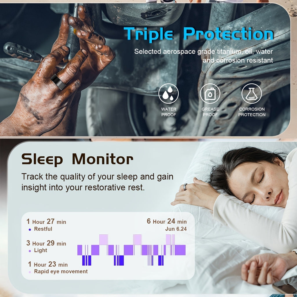 Smart Ring Health Fitness Tracker Bluetooth 5.3 IP68 Waterproof Sport Mode Pedometer Sleep Step Calorie Stress Body Temp Period Tracker for Men Women Android iPhone Gift