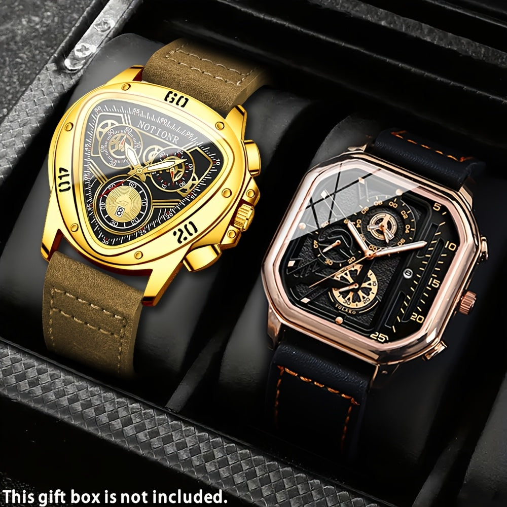 2pcs Men's Watch Set Sports Triangle Dial Silicone Strap and Retro Square Dial Quartz Watches with Date Display Dress Watch for Casual Valentine's Father's Day Gift