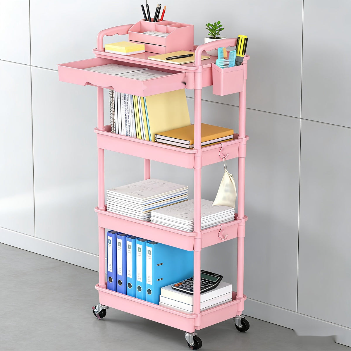 Rolling Storage Cart 3-Tier & 4-Tier with Drawer & Lockable Wheels Multifunctional Plastic Shelf Organizer for Kitchen Bathroom Living Room Office – 7 Colors