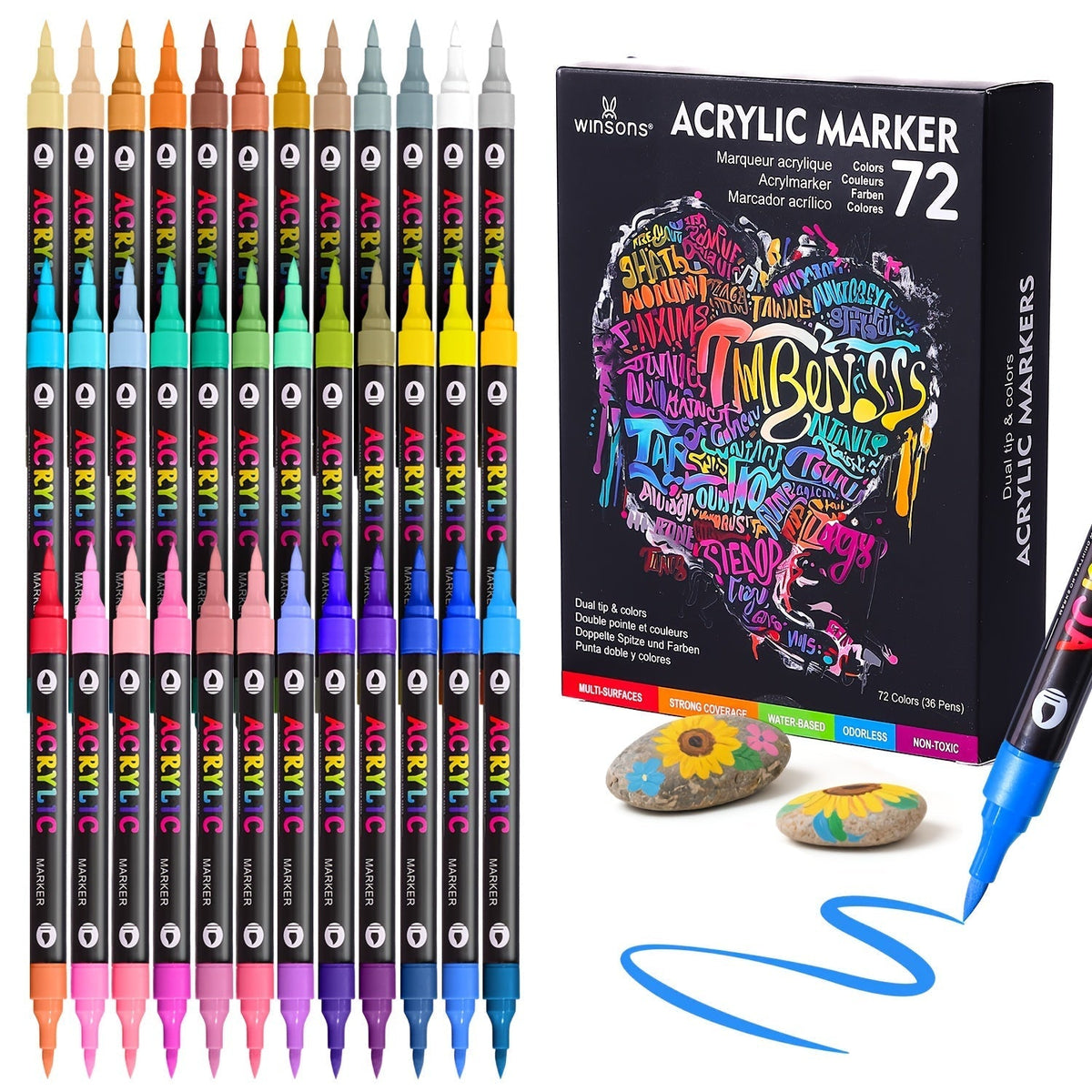 Dual-Tip Dual-Shade Acrylic Paint Markers 24, 48 & 72 Colors – Quick-Dry Waterproof Brush Pens for Rock Painting, Journal Doodling, Canvas, Wood, Glass & Home Decor – Creative Art Markers for Adults & Kids