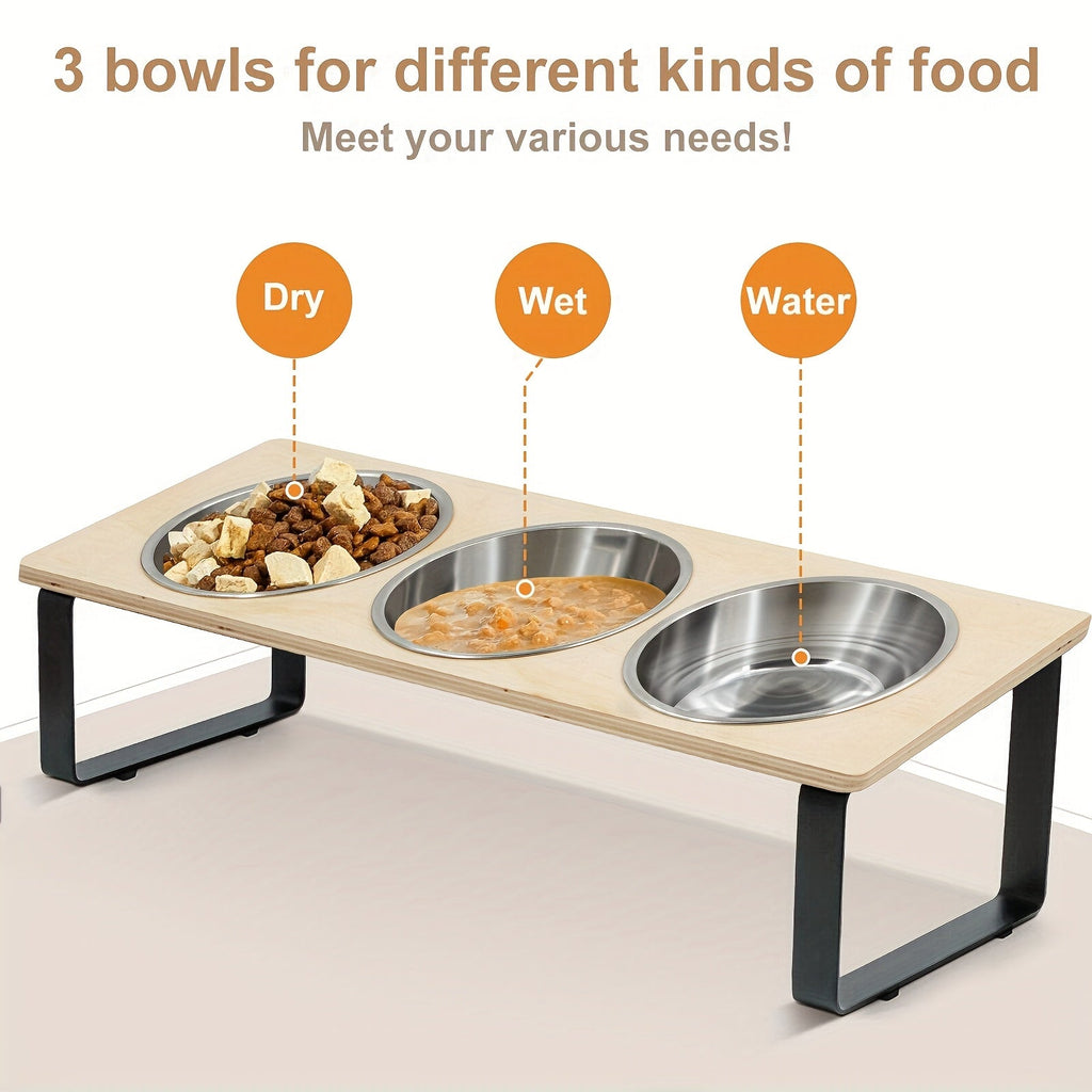 Elevated Cat Bowls with 3 Stainless Steel Bowls - 15° Tilted Anti-Vomiting Raised Pet Feeder Stand for Cats & Small Dogs, Whisker-Friendly Angled Food & Water Dish Set, Modern Pet Feeding Accessory