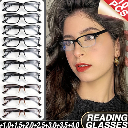 10-Pack Reading Glasses for Men & Women - Ultra-Light Square Frame Readers with HD Clear Lenses, Vintage Metal Accents, Strengths +1.0 to +4.0 for Home Office & Everyday, Great Gift for Seniors