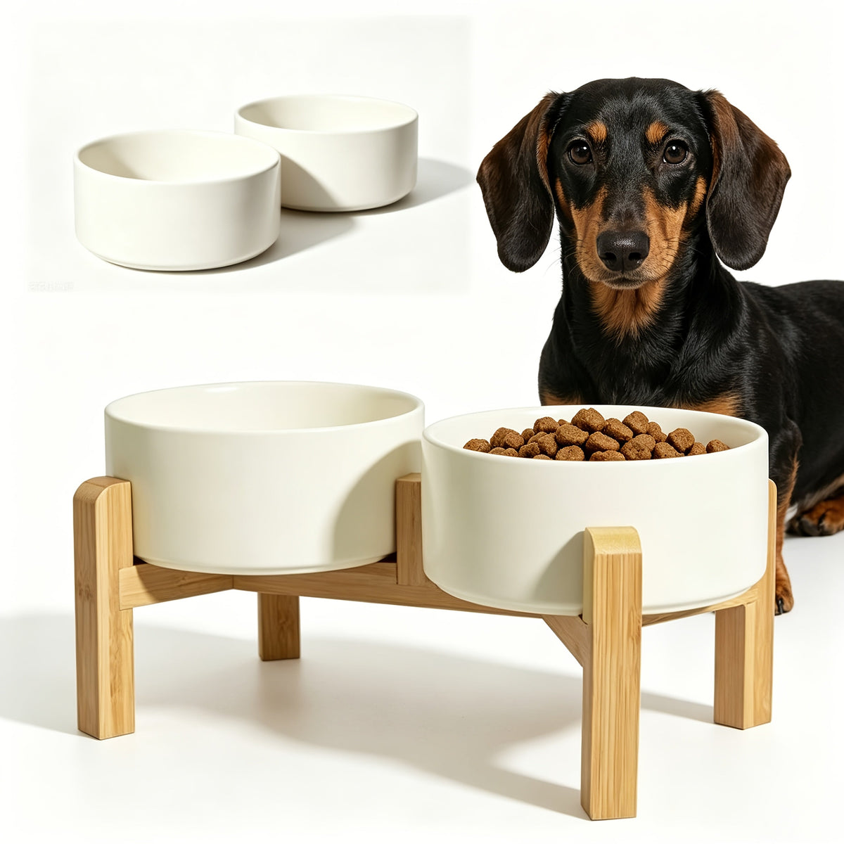 Elevated Ceramic Dog Bowl Set with Bamboo Stand - Raised Double Dog Bowls 28.74oz Non-Slip Feeder for Dogs Cats & Puppies, Adjustable Height Slow Feed Dog Food Bowl with Storage (4 Colors)
