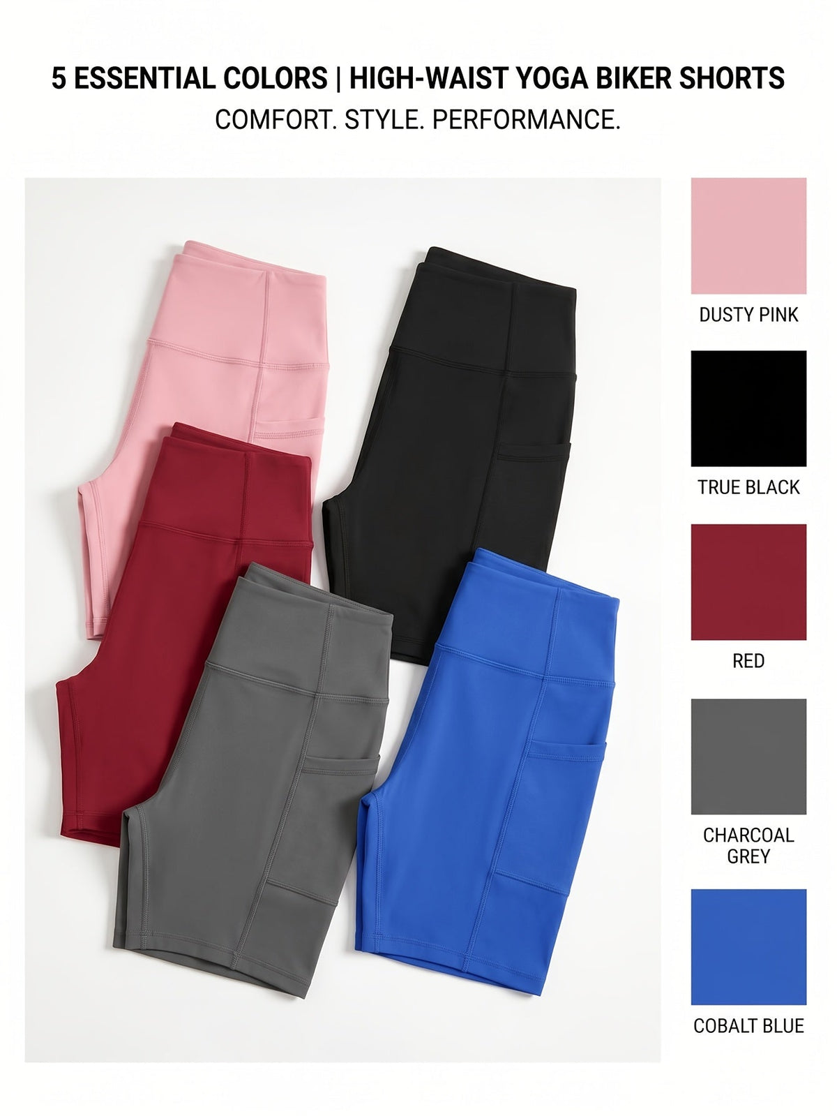 Women's High-Waisted Cycling Shorts 5-Pack with Pockets – Yoga Gym Running Workout Shorts, Stretch Polyester Fabric, Sizes M to XXL, Mixed Colors Set for Active Women
