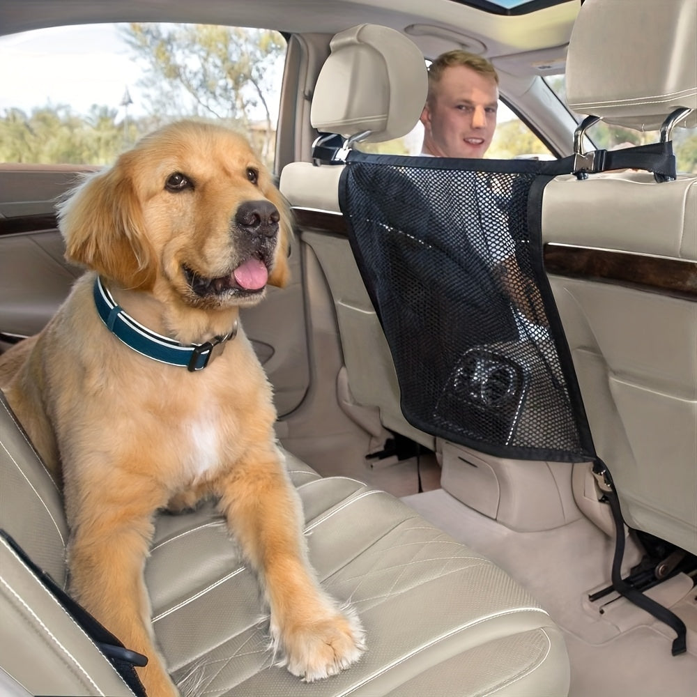 Pet Car Safety Net Barrier with Storage Pocket - Adjustable Polyester Dog Car Net Organizer, Easy Install Rear Seat Protector for All Vehicles, M & L Sizes for Dogs & Cats