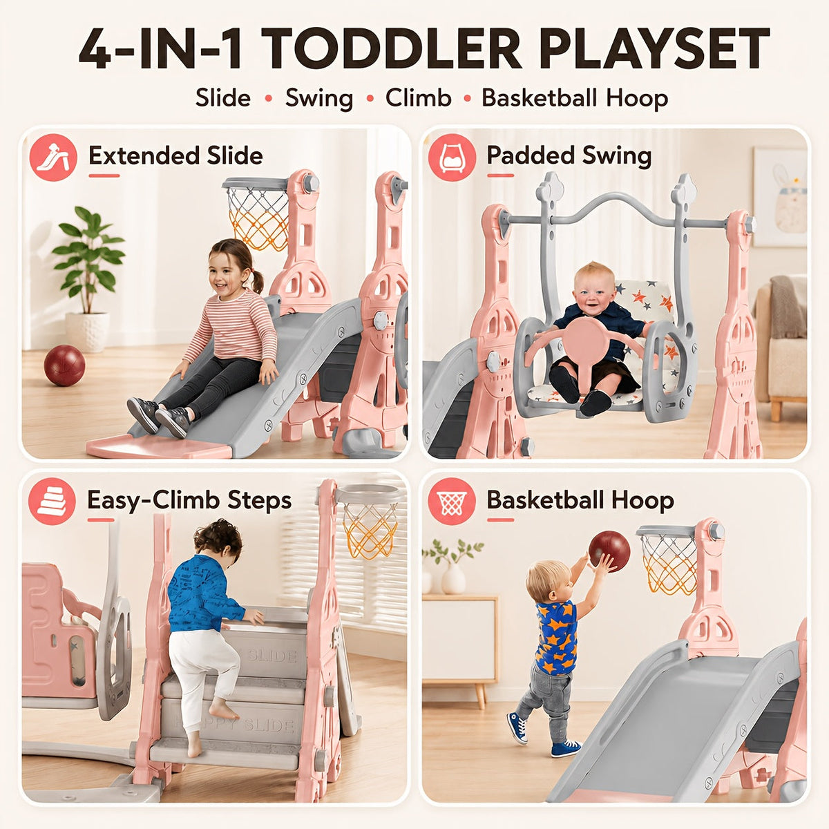 Toddler Slide and Swing Set 4-in-1 Heavy-Duty Indoor Outdoor Kids Playset with Extended Slide Adjustable Padded Swing Basketball Hoop & Enclosed Steps – Ages 1-3