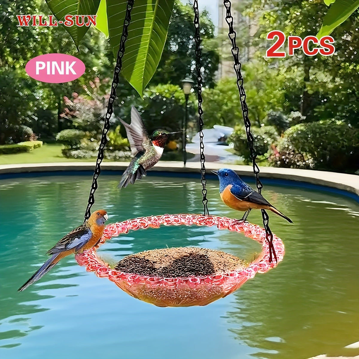 Hanging Bird Feeder 2-Pack with Chain - Decorative Double Bowl Bird Bath & Feeder for Outdoor Garden & Yard, Attracts Hummingbirds & Wild Birds, No Electricity Needed, Durable Plastic (4 Colors)