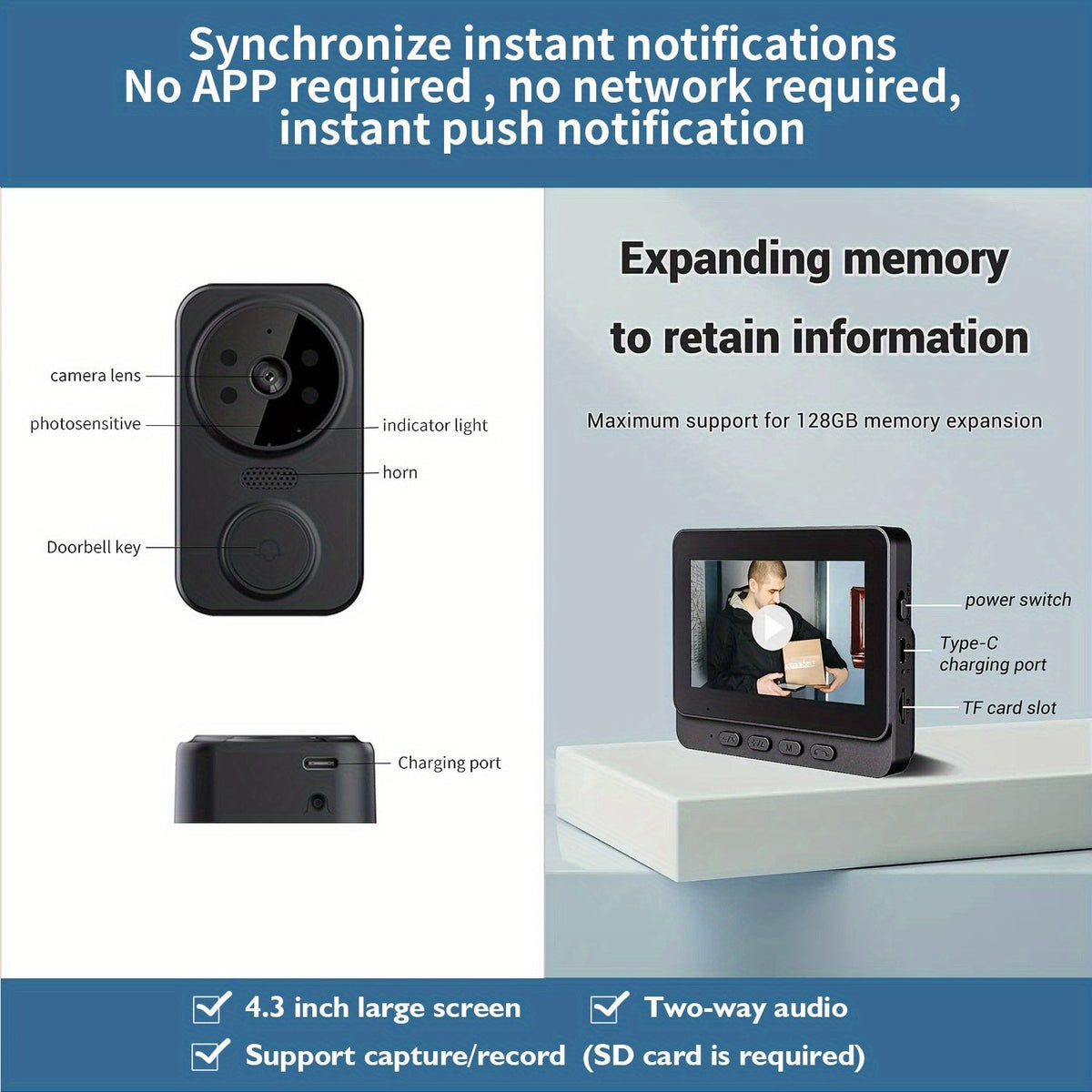 Wireless Video Doorbell Camera with Indoor Monitor – 1080P FHD, No Wi-Fi Needed, Night Vision, Two-Way Audio, 4.3" IPS Screen, Long Battery Life, SD Card Storage, Easy Install for Home Security