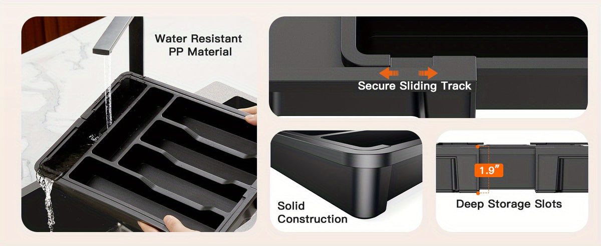 Expandable Cutlery Tray Drawer Organizer – Adjustable Kitchen Silverware Organizer for Knives, Forks & Spoons with Labels – Fits Kitchen, Bedroom & Living Room Drawers – Bamboo & Plastic