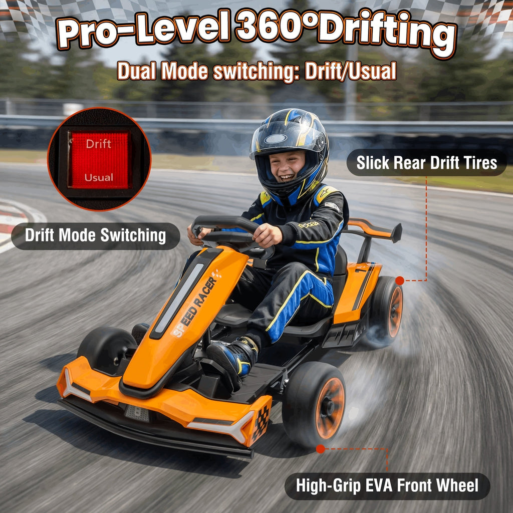 24V Electric Kids Go-Kart Drift Cart 360 Degree Drift Mode High Speed Racing with Soft Start Music Safety Belt Metal Frame Dual Brake for Boys Girls Ages 6 and Up Birthday Christmas Gift Black White Red Orange Silver