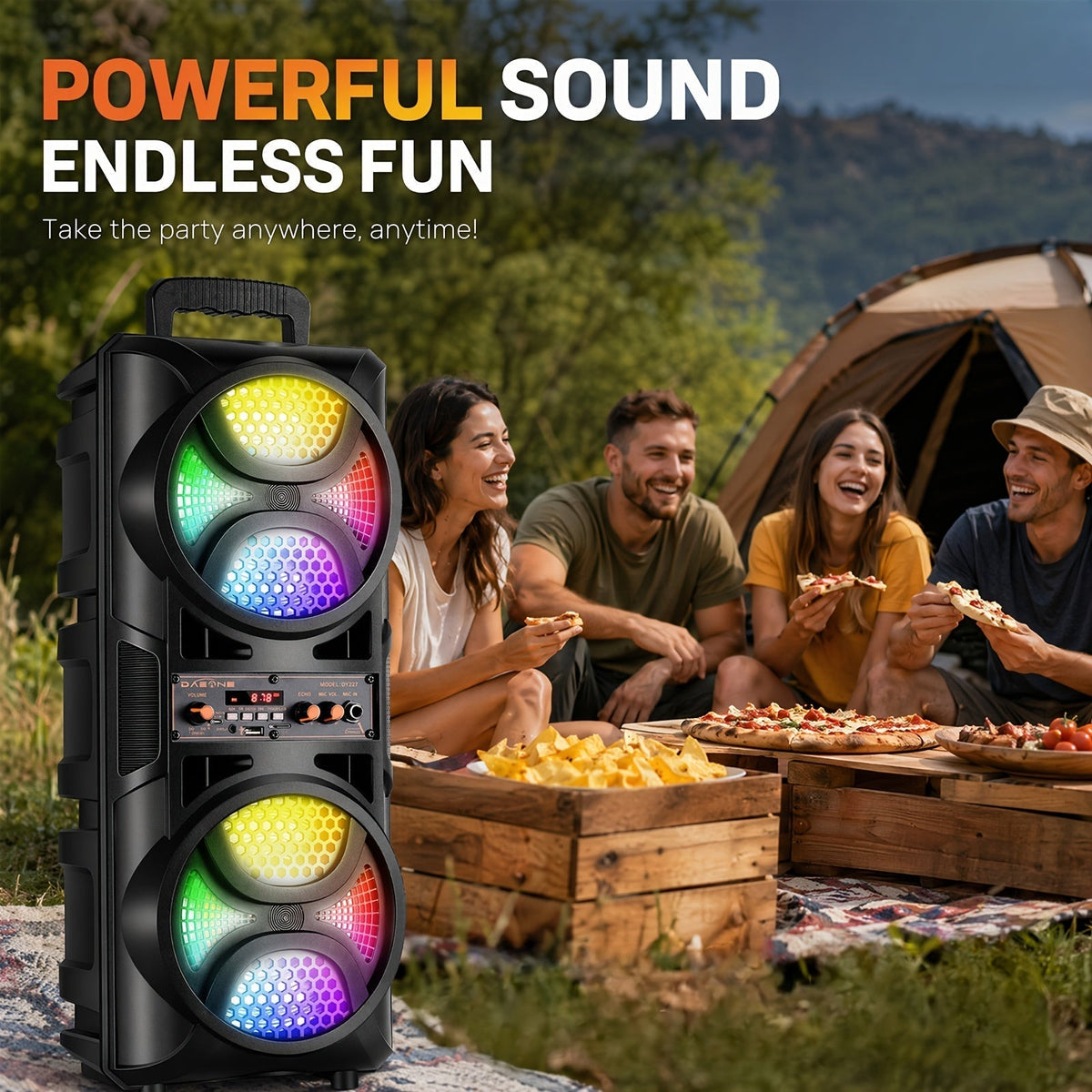 Portable Wireless PA Speaker System with Wired Microphone & RGB Lights – 6.5" Dual Woofer or 8" Subwoofer, FM Radio, USB/SD, Rolling Wheels for Party, DJ, Wedding & Meetings