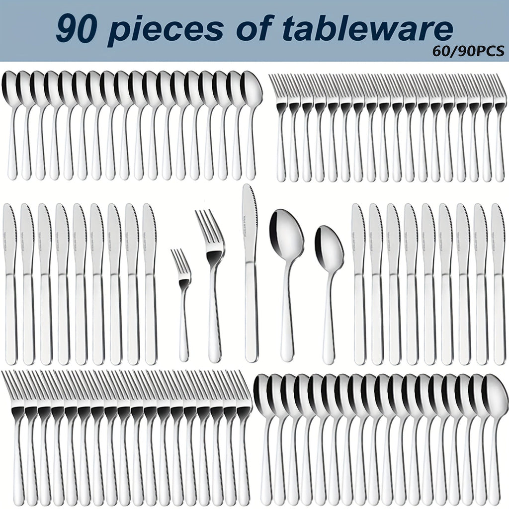 Stainless Steel Flatware Set 60/90 Piece – Silverware for 12-18 People with Gift Box, Steak Knives Salad Forks Dessert Spoons, Dishwasher Safe, for Home Wedding Camping Party Halloween