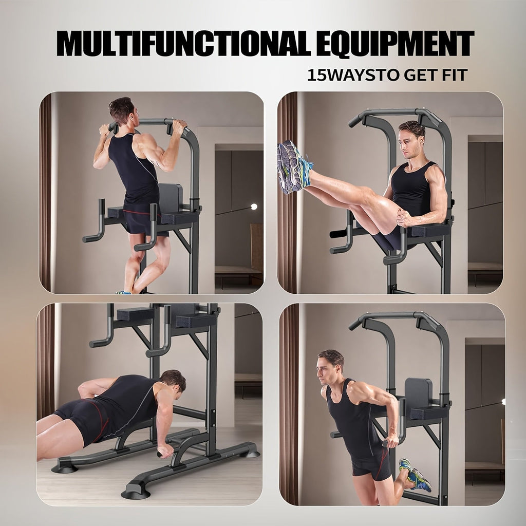 Adjustable Height Power Tower Dip Station – Multi-Function Pull Up Bar, Strength Training Workout Station for Home Gym – Black T055KX, No Backrest & Red T055CDU Models