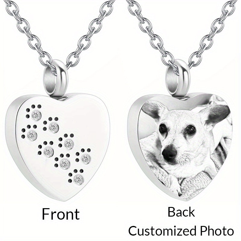 Personalized Pet Cremation Jewelry for Ashes - Custom Photo Urn Necklace with Paw Print Heart Pendant, Stainless Steel Memorial Locket for Dog & Cat Ashes, Includes Funnel Kit - Pet Loss Gift