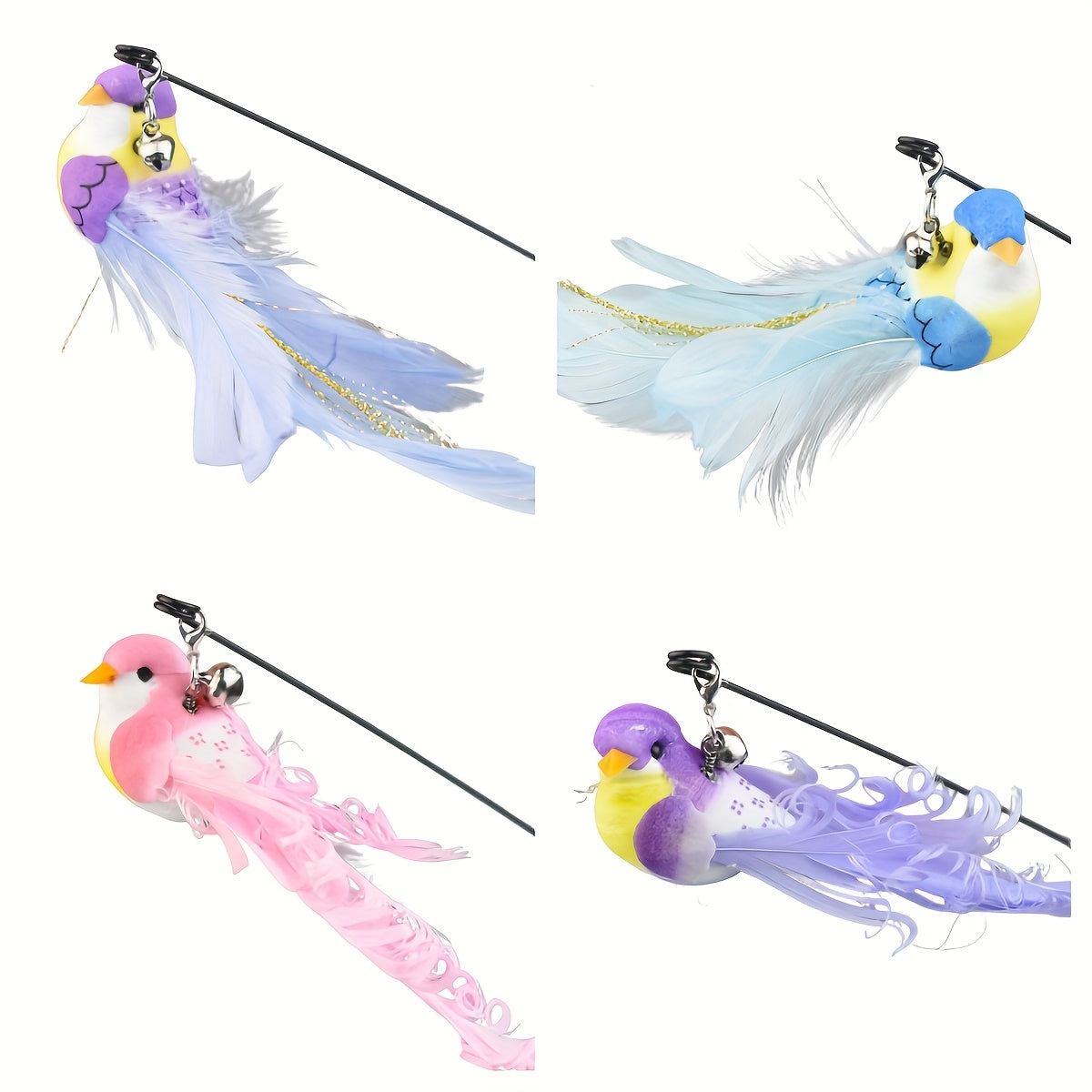 Cat Teaser Toy Set 3pc - Simulated Bird Feather Wand with Double Rod Strong Suction Cup and Bell for Interactive Training Boredom Relief - No Battery Indoor Cat Toy Nylon Feathers Random Color
