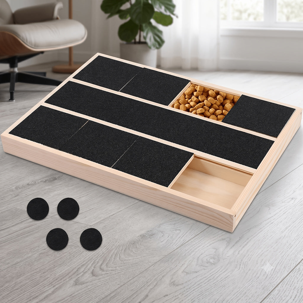 2-in-1 Wooden Dog & Cat Puzzle Feeder with Nail Filing Board – 6-Compartment Interactive Slow Feed Treat Dispenser & Scratch Pad for Small & Medium Pets, Behavior Enrichment & Mental Stimulation Toy