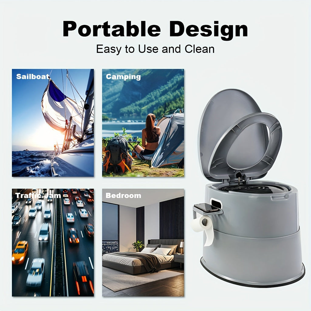 Portable Toilet for Adults Extra Large Indoor Outdoor Camping Commode with Detachable Inner Bucket & Removable Paper Holder – Lightweight Compact for Camping, RV, Boat, Van & Emergency Use (Gray/Black)