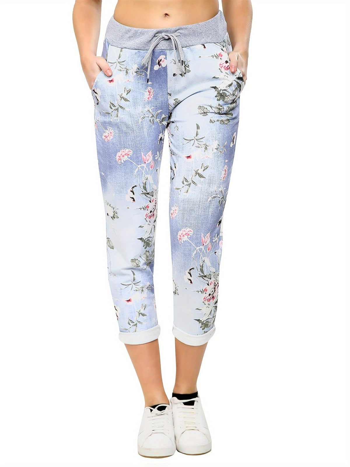 Floral Print Drawstring Capri Pants for Women - Boho Cropped Pants with Stretch Fabric, Spring Summer Fall, S-XXL