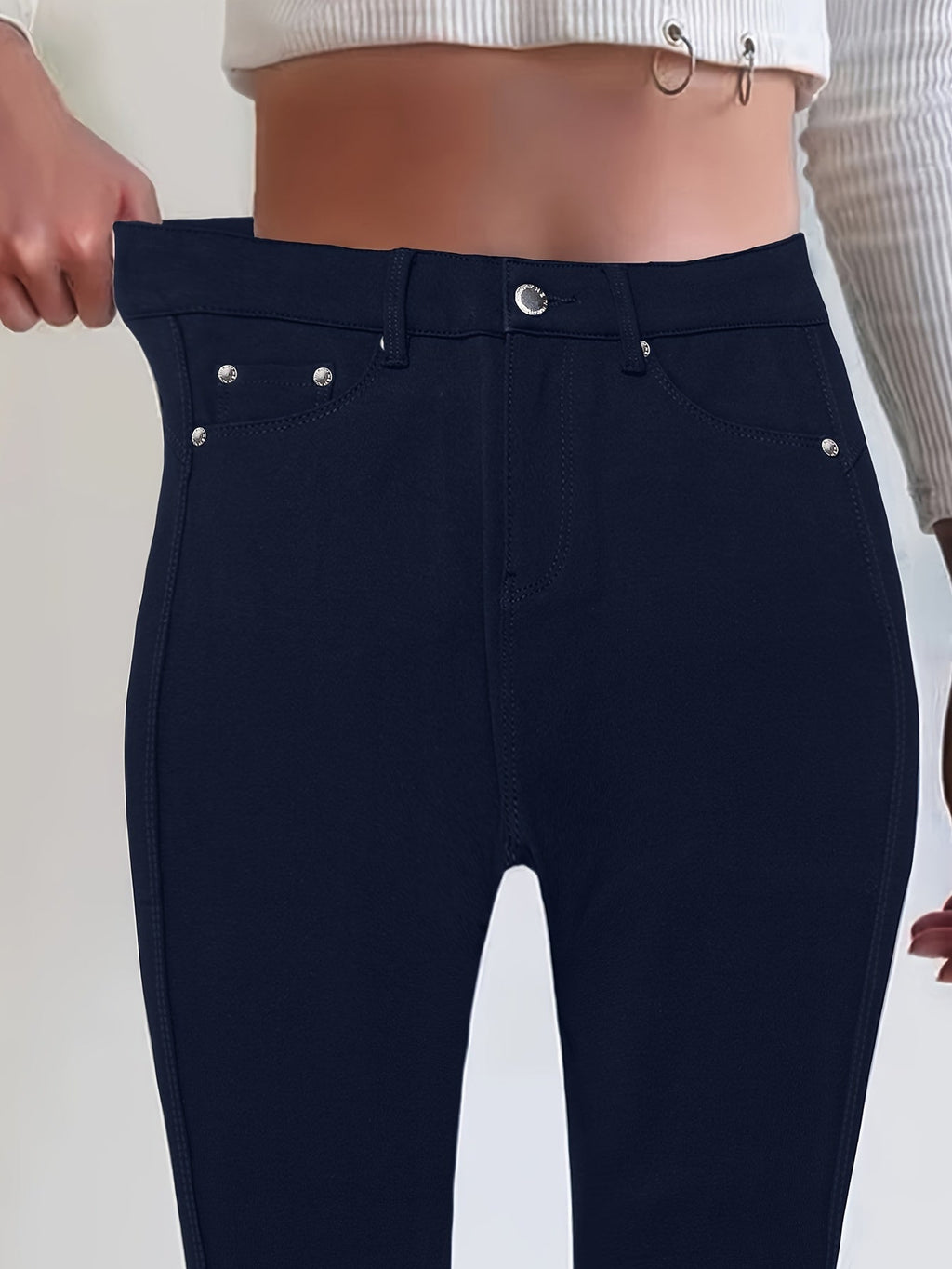 Women's High Waist Stretch Skinny Jeans Metal Button Detail Street Style Slim Fit Denim Pants 10 Colors S-XXL