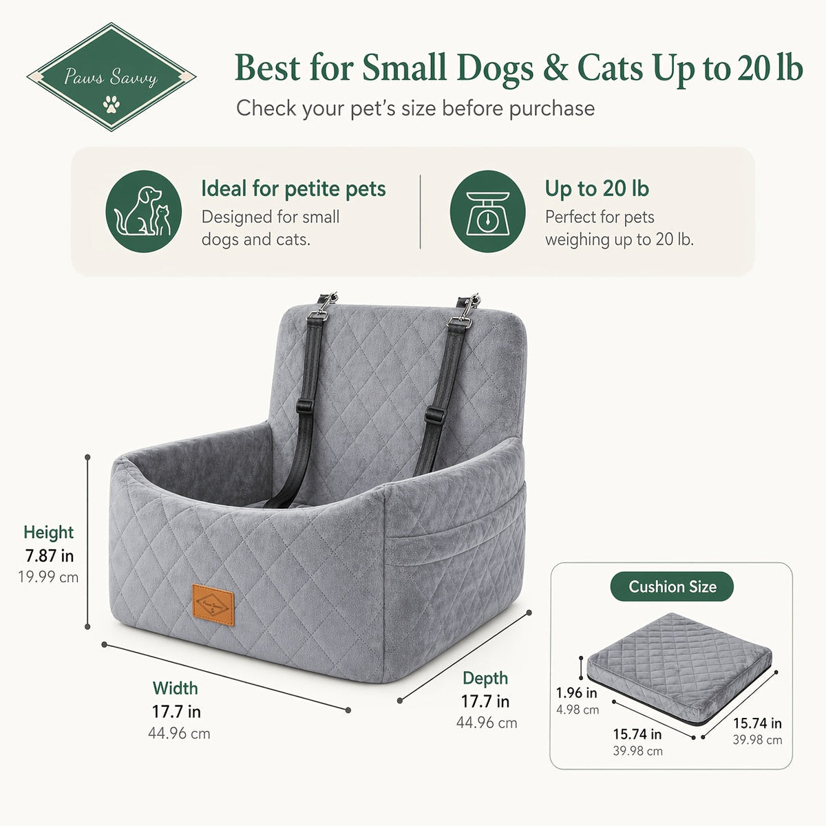 Dog Car Booster Seat with Safety Strap – Cozy Elevated Travel Bed for Small & Medium Dogs, Stable Non-Slip Design, Easy to Clean, 8 Colors Available