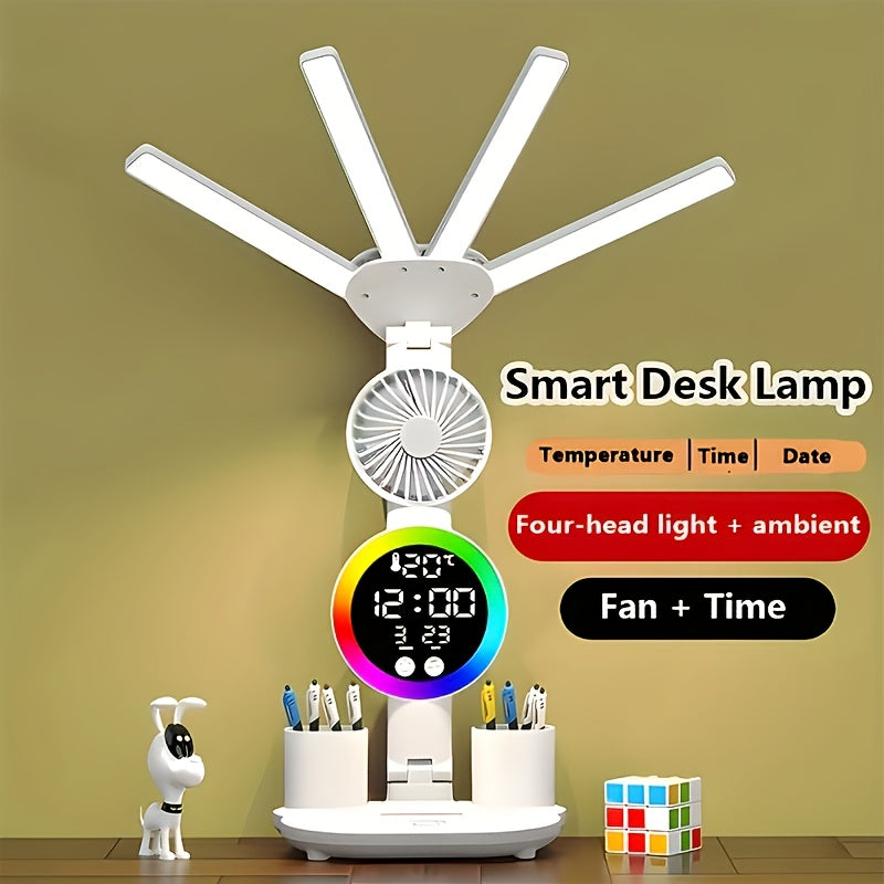 Smart Touch LED Desk Lamp with USB Port Dual-Head Dimmable Color-Changing Reading Light with Built-In Fan and Night Light Eye-Friendly for Home Office Dorm Study No Battery Required