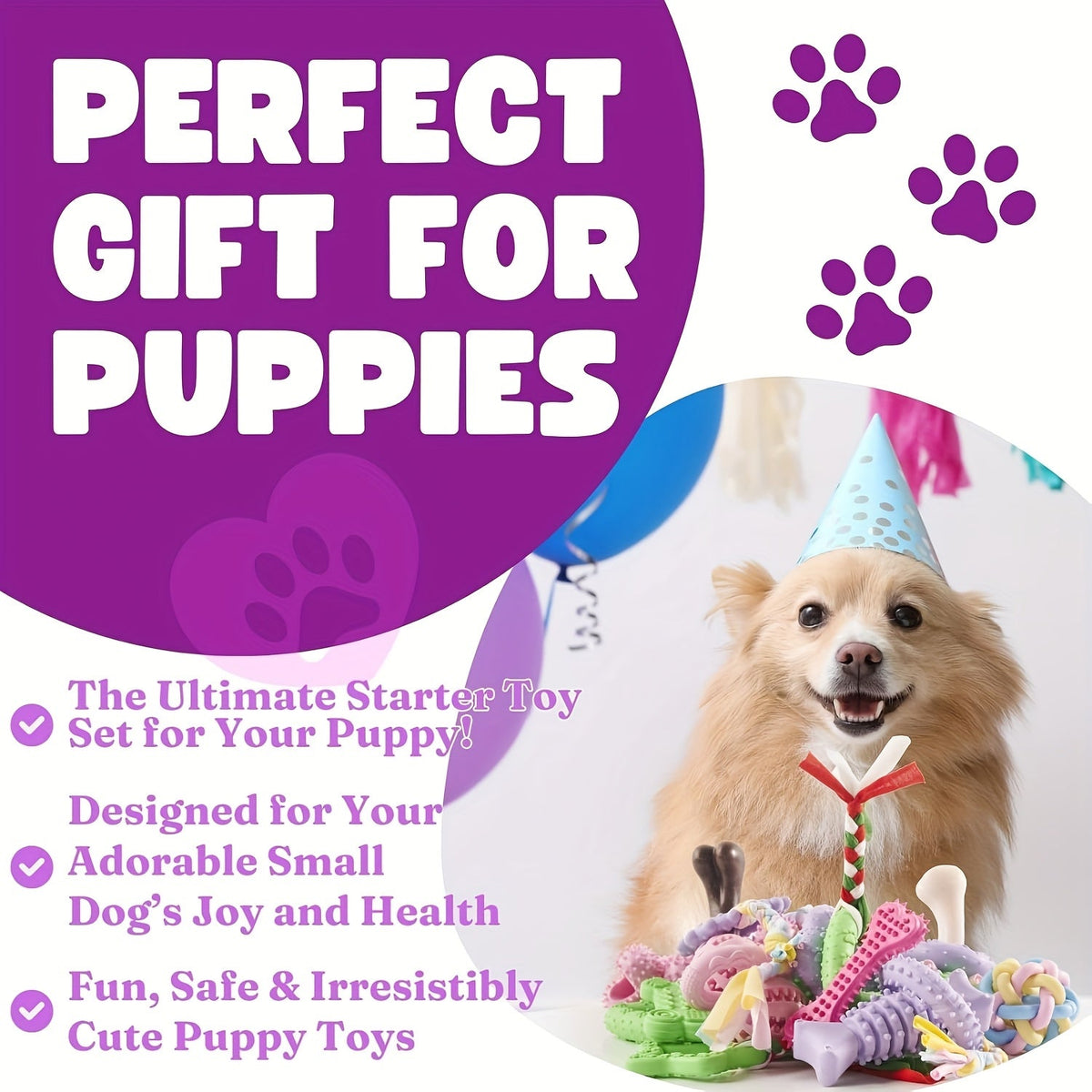 Soft Rubber Dog Chew Toys 6pcs – Teething Toys for Small Dogs, Interactive Teeth Cleaning Chew Set, 4 Colors: Purple, Green, Blue, Pink