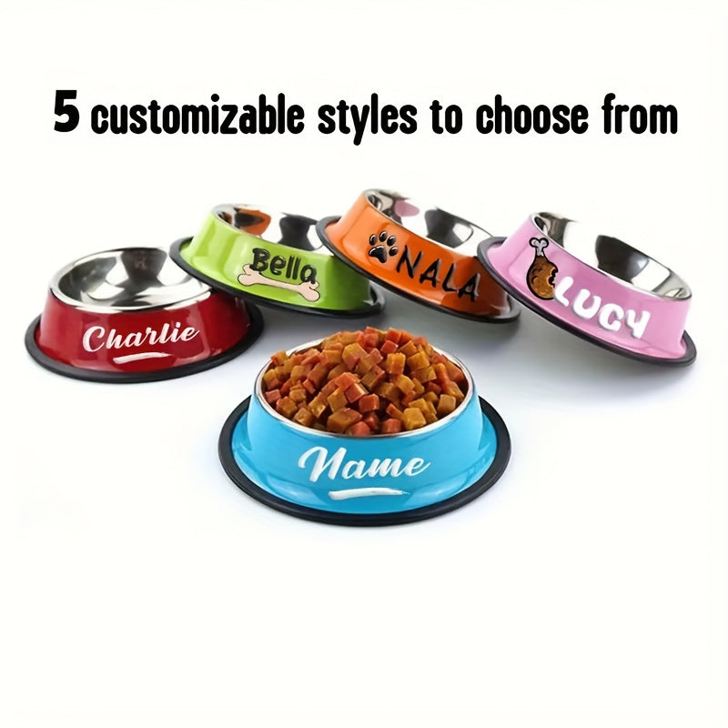 Personalized Stainless Steel Dog & Cat Bowl - Custom Engraved Pet Name Bowl with Paw Print Heart Crown Design, Anti-Tip Non-Slip, 200ml/400ml/1000ml, Food & Water Dish Gift