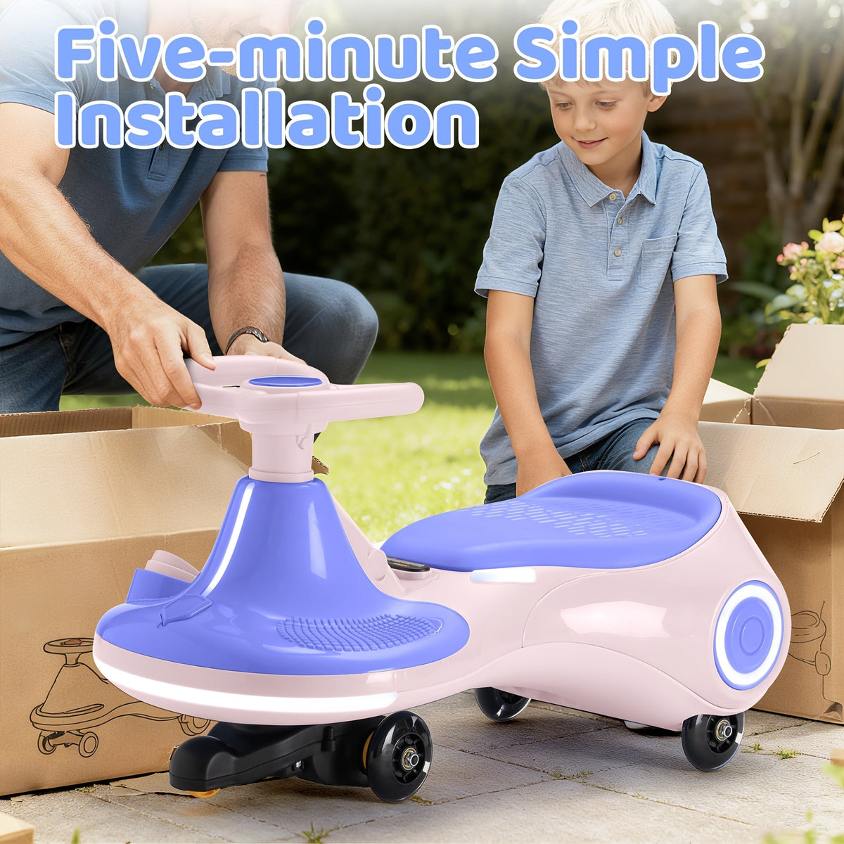2-in-1 Rechargeable Ride-On Wiggle Car Pedal-Operated Swing Toy 2 Speeds Anti-Rollover Flashing Wheels 130 Lbs Capacity Kids Ages 3 and Up Birthday Christmas Halloween Gift Purple Yellow Red