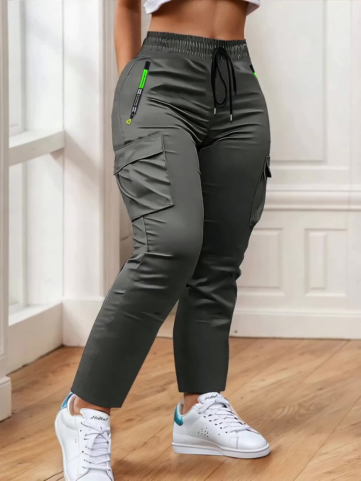 Women's Multi-Pocket Cargo Pants – Neon Green Zipper Accents, Drawstring Waist, Full-Length Outdoor Travel Trousers, 4 Colors, Sizes XS-XXL, Spring Fall Casual Streetwear