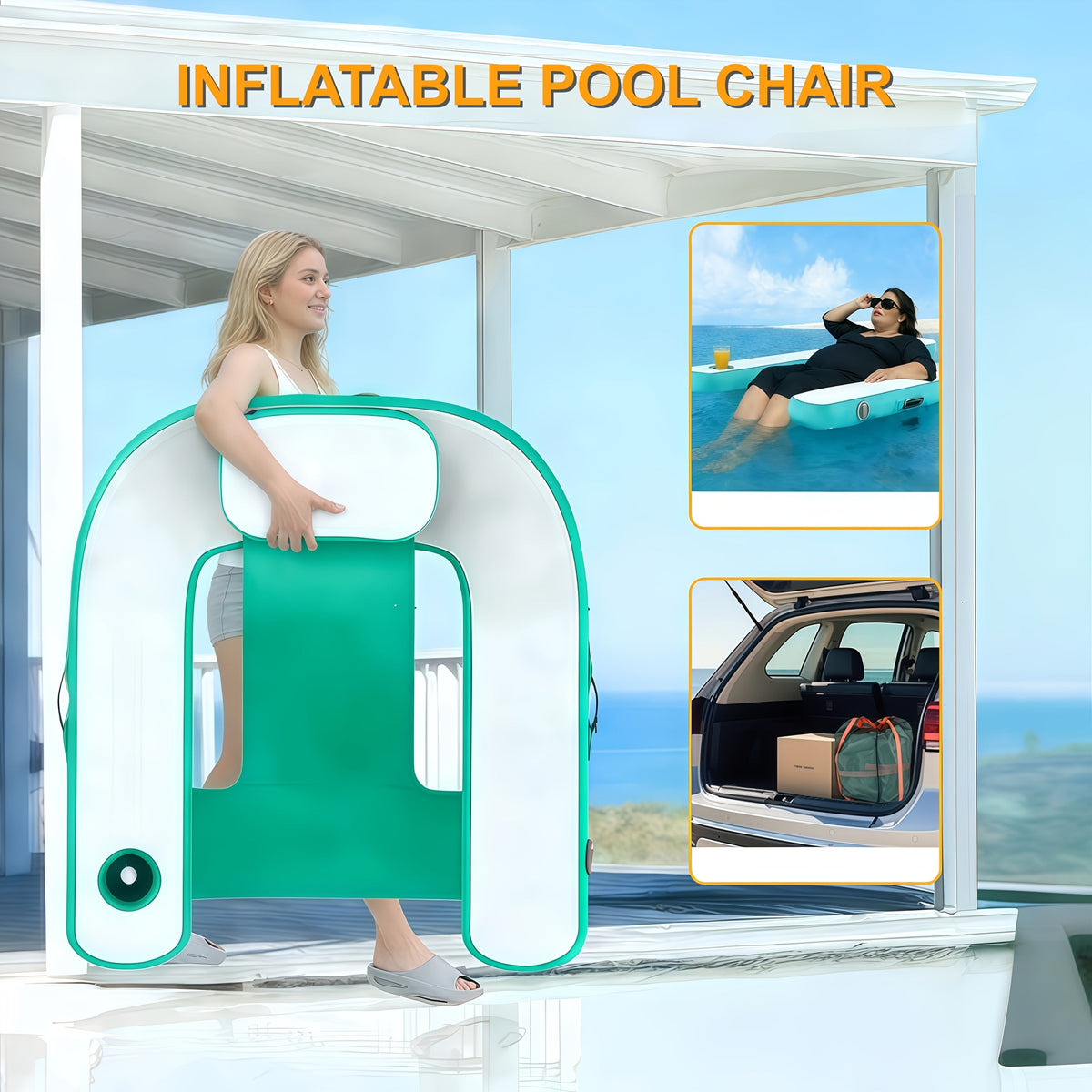 Inflatable Pool Float Lounge Chair with Pump & Storage Bag – PEVA Extra-Large Floating Chair with Cup Holder & Ergonomic Pillow for Adults – Pink, Blue, Green – Perfect for Pool, Beach, Lake & Summer Party