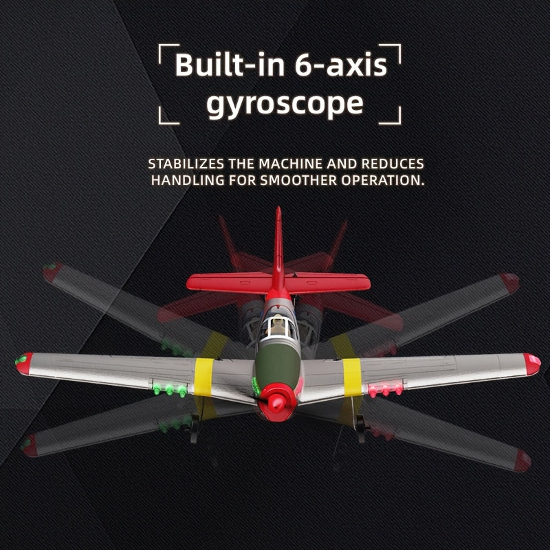 P51 Mustang RC Plane 4-Channel Ready-to-Fly Fighter Jet with 6-Axis Gyroscope, 3D Aerobatic Mode, LED Lights, 2.4GHz Remote Control Electric Airplane – RTF Beginner RC Fixed Wing with 2 Batteries