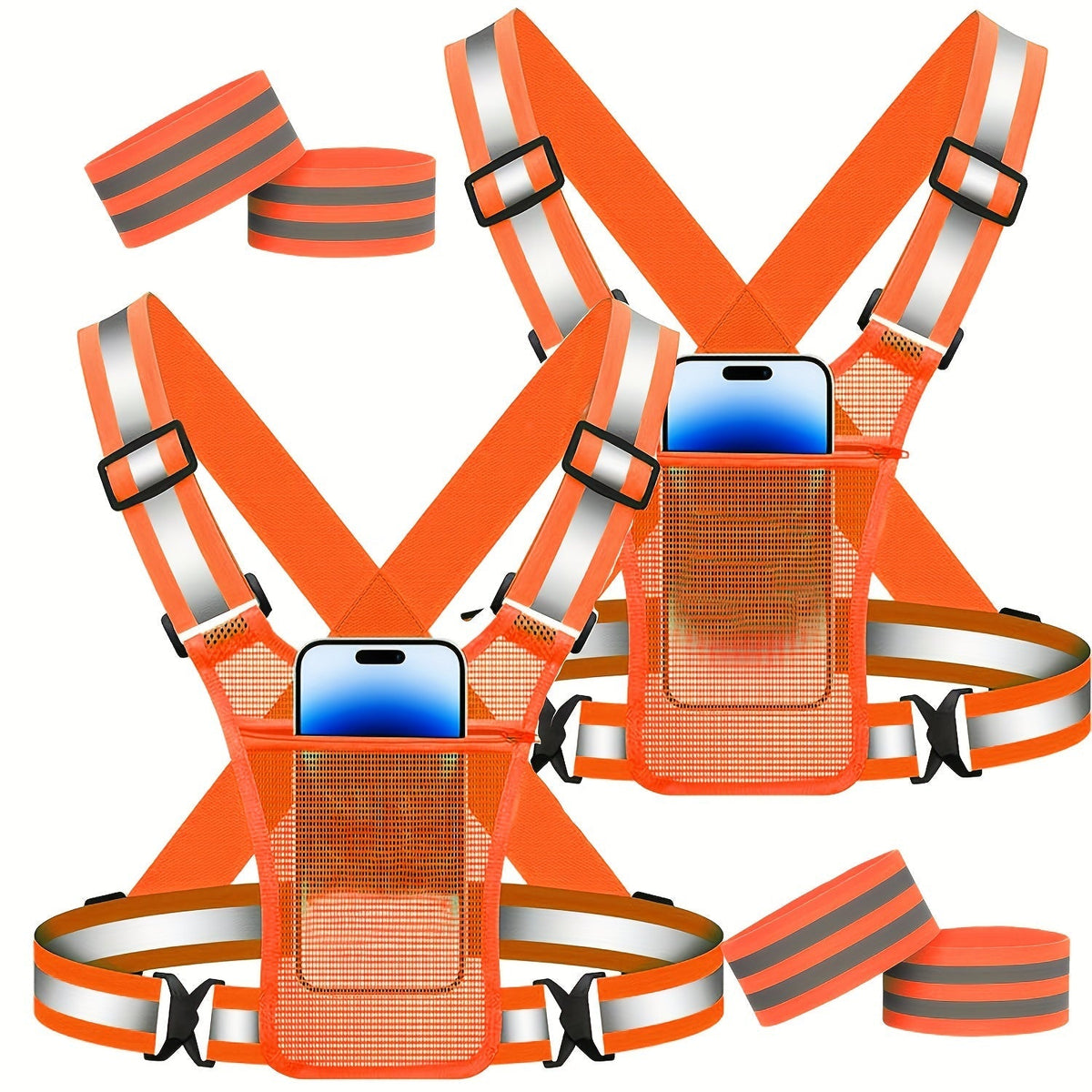 Reflective Running Vest 2-Pack with Phone Holder & 2 Reflective Bracelets – High Visibility Safety Gear for Men Women Jogging Dog Walking Cycling