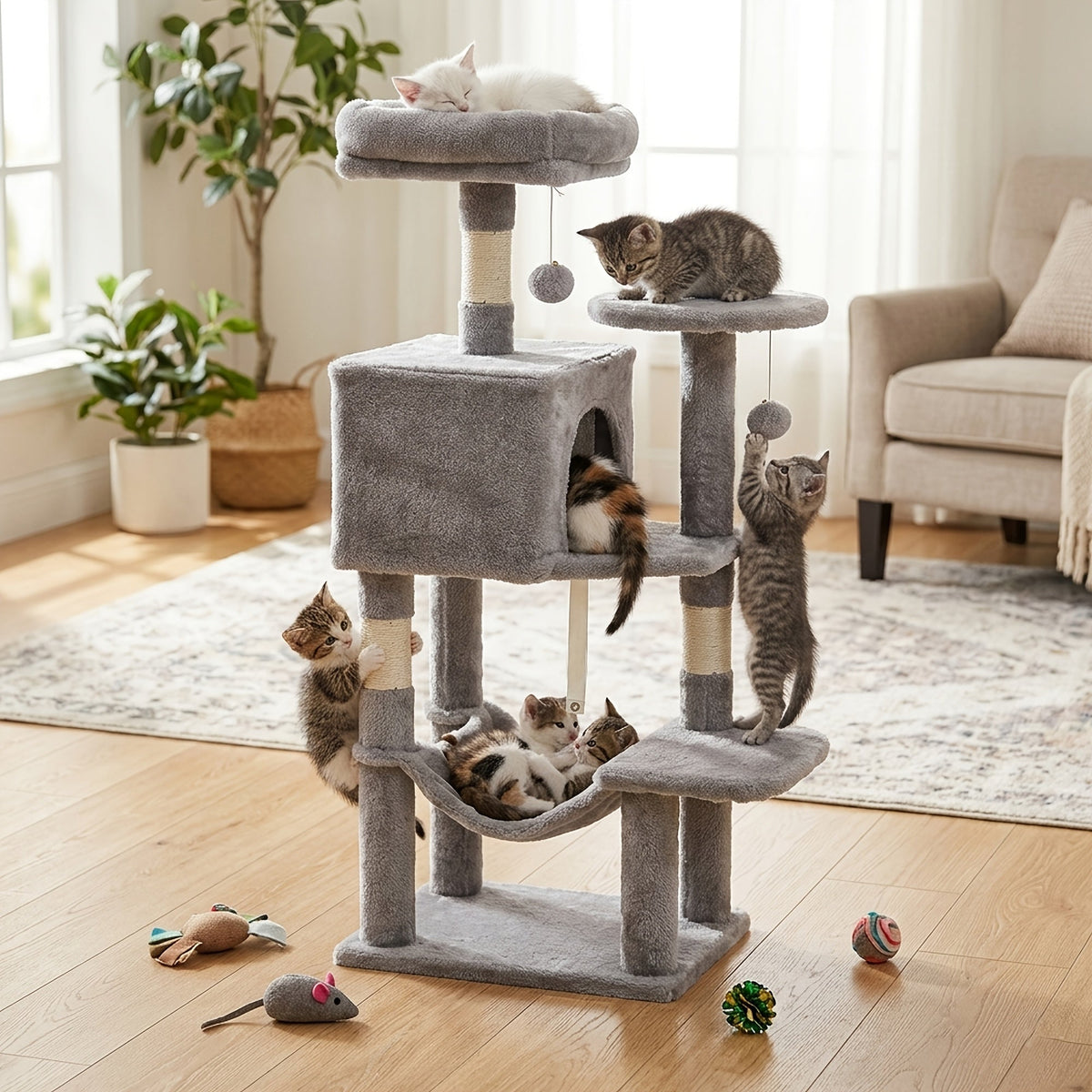 44" Cat Tree Tower with Hammock & Sisal Scratching Posts – Multi-Level Indoor Cat Condo with Natural Perches for Large & Multiple Cats, Sturdy Stable Base, Beige Gray Pink Black