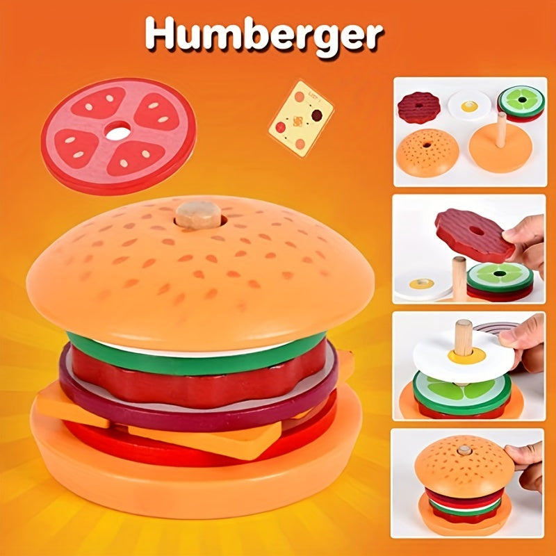 Wooden Stacking Hamburger Toy Set Fine Motor Skill Game with Food Pieces & Order Cards Montessori Pretend Play Toy for Toddlers Ages 3+ Birthday Halloween Thanksgiving Christmas Gift