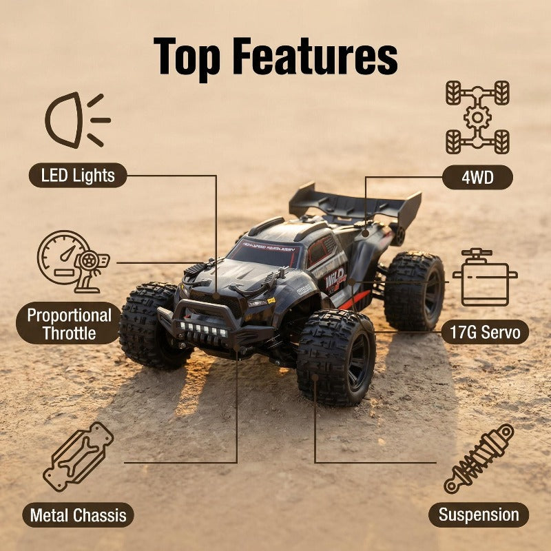 4WD Metal Explorer RC Off-Road Truck with Carbon Brush Motor – Heavy-Duty All-Terrain Remote Control Car, Realistic Driving Physics, Desert Dunes to Forest Trails, RC Vehicle for Adults & Hobbyists