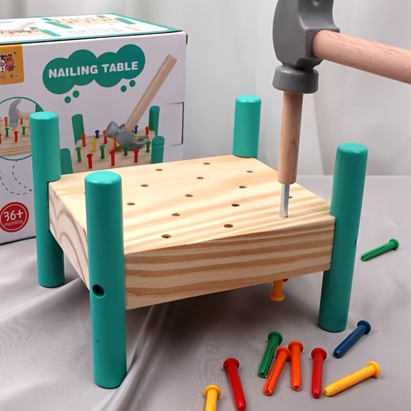 Pounding Table Toy for Toddlers Five-Color Knocking Nail Hammer Set Color Recognition Hand-Eye Coordination Parent-Child Interactive STEM Educational Toy Birthday Christmas Gift for Kids