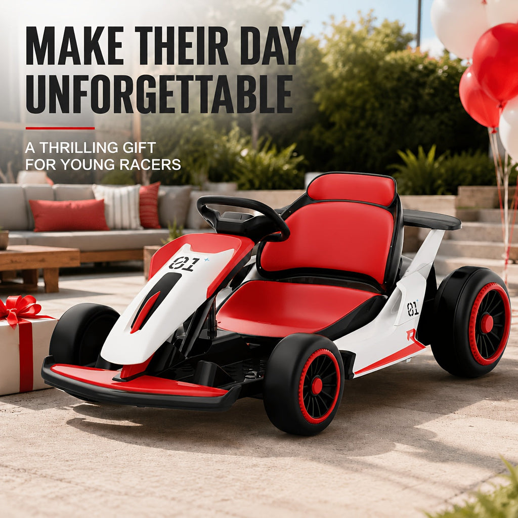 24V Electric Go Kart for Kids Ages 6+ with 360° Drift – Dual 180W Motors, 2 Speeds 3.1-5 MPH, 7Ah Battery, 5-Point Harness, Wireless Music & USB, 110 LB Capacity Racing Ride-On Car Gift