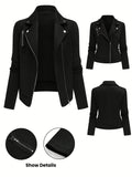 Women's Solid Color Biker Jacket Zipper Button Maze Grid Moto Coat - Stylish Casual Outerwear for Fall Winter Daily Commute Streetwear Top