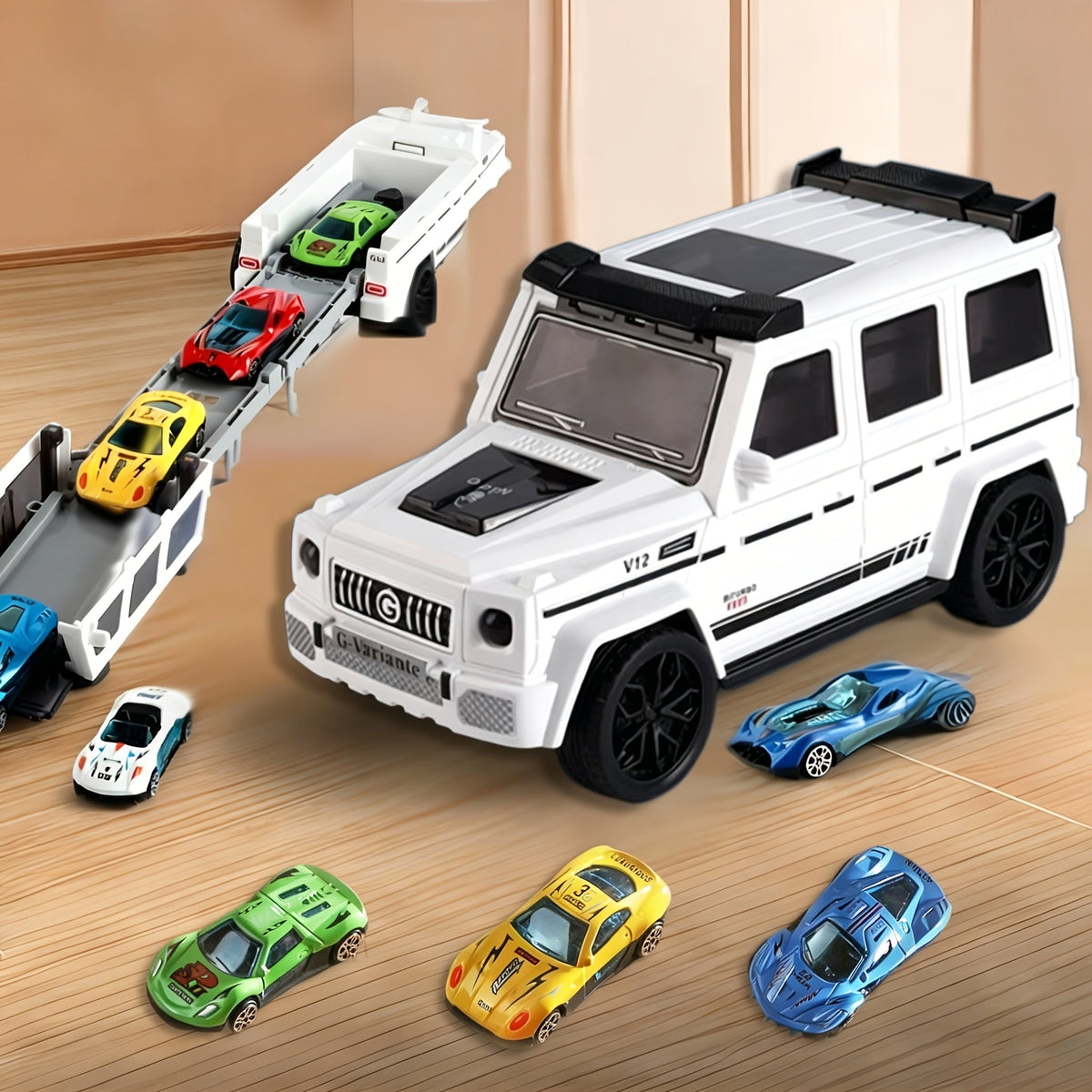 Transforming Track Car Toy with 3 Mini Cars - Foldable Off-Road Catapult Inertia Vehicle Launcher, STEM Educational Toy Car Set for Boys Kids Ages 3+, Birthday Christmas Gift (White or Blue)