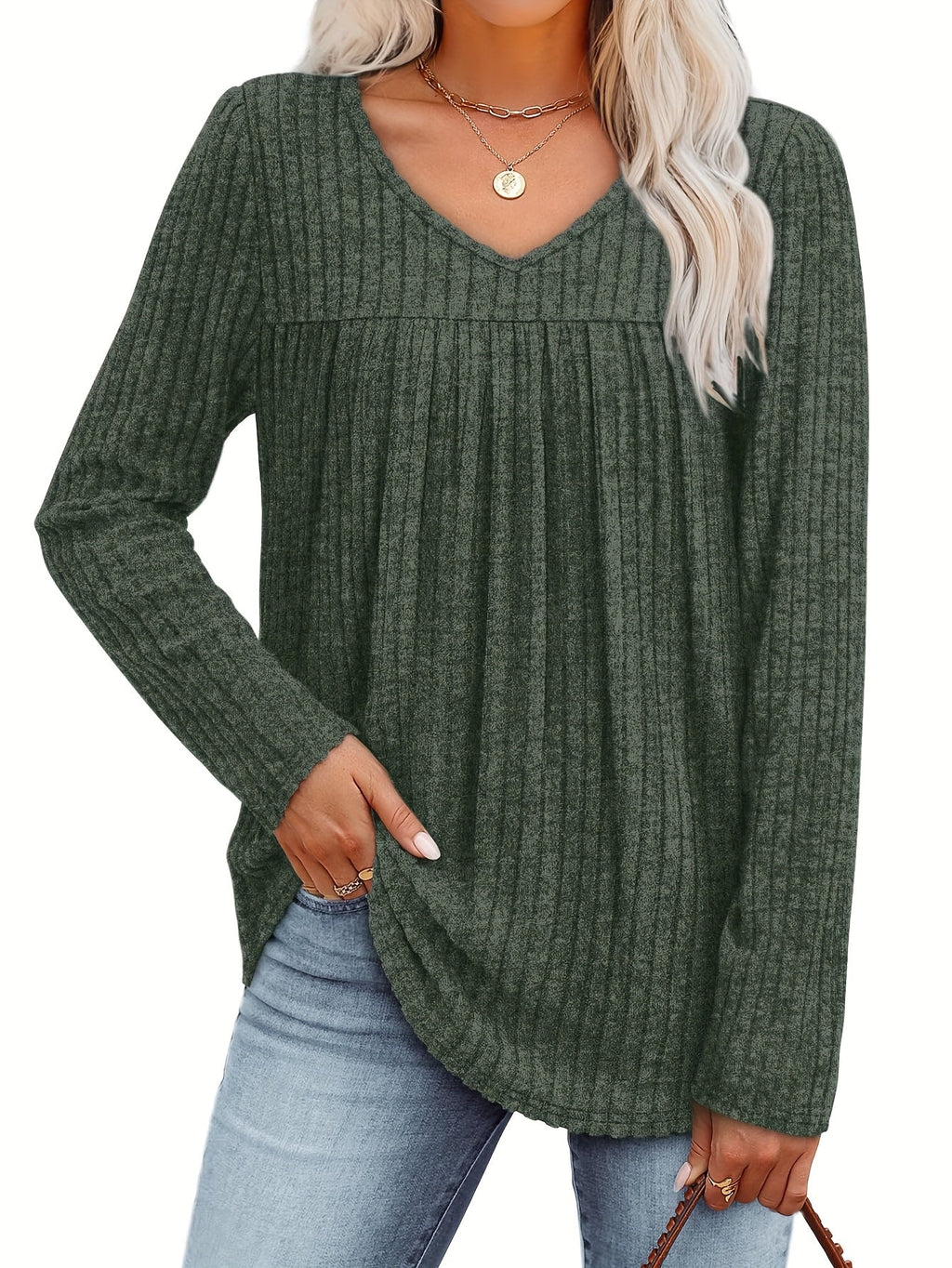 Women's V-Neck Long Sleeve Pullover Top – Lightweight Casual Front Pleat Blouse for Women, Elegant Loose Fit Dressy Shirt, Multiple Colors, Sizes S-XXL