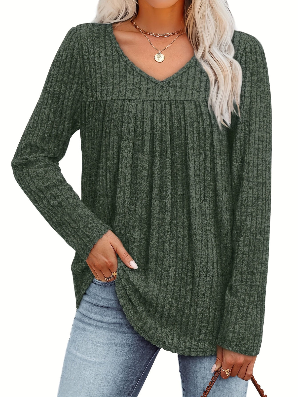 Women's V-Neck Long Sleeve Pullover Top – Lightweight Casual Front Pleat Blouse for Women, Elegant Loose Fit Dressy Shirt, Multiple Colors, Sizes S-XXL