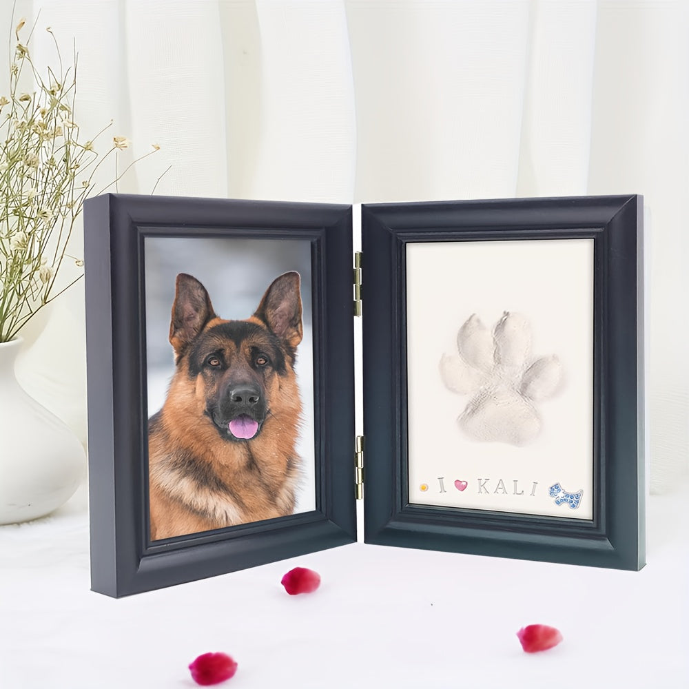 Pet Paw Print Photo Frame with Clay Impression Kit - Foldable Desktop Memorial Frame for Dogs & Cats, Personalized Pet Keepsake Gift for First Anniversary & Pet Loss Tribute (White/Black/Wood)