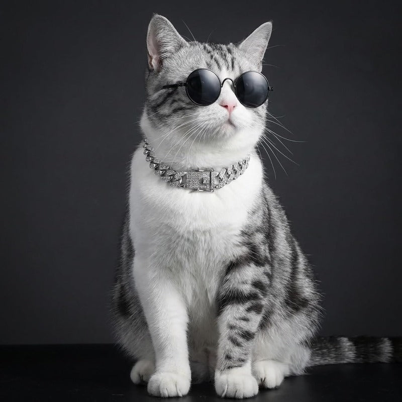 2-Pack Cuban Link Cat Chain Collar Set, Gold & Silver Adjustable Metal Pet Necklace for Cats & Small Dogs, Lightweight Bling Cat Collar Chain, Fashion Pet Jewelry Accessory for Cats
