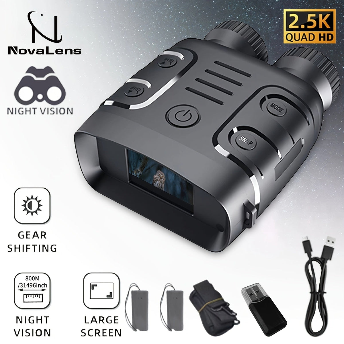 Night Vision Binoculars 2.5K HD – 10x Zoom Magnification, 800m Viewing Distance, 2.4" Screen, Photo & Video Recording, for Fishing, Camping, Boating & Hunting, Practical Gift for Men