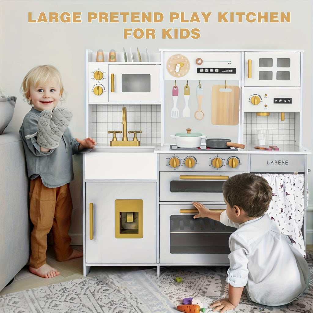 Kids Wooden Play Kitchen Set with Cookware & Accessories – Realistic Pretend Kitchen Playset with LED Stove Lights, Sounds, Microwave, Sink & 37.5" Spacious Design for Boys & Girls Ages 3-8