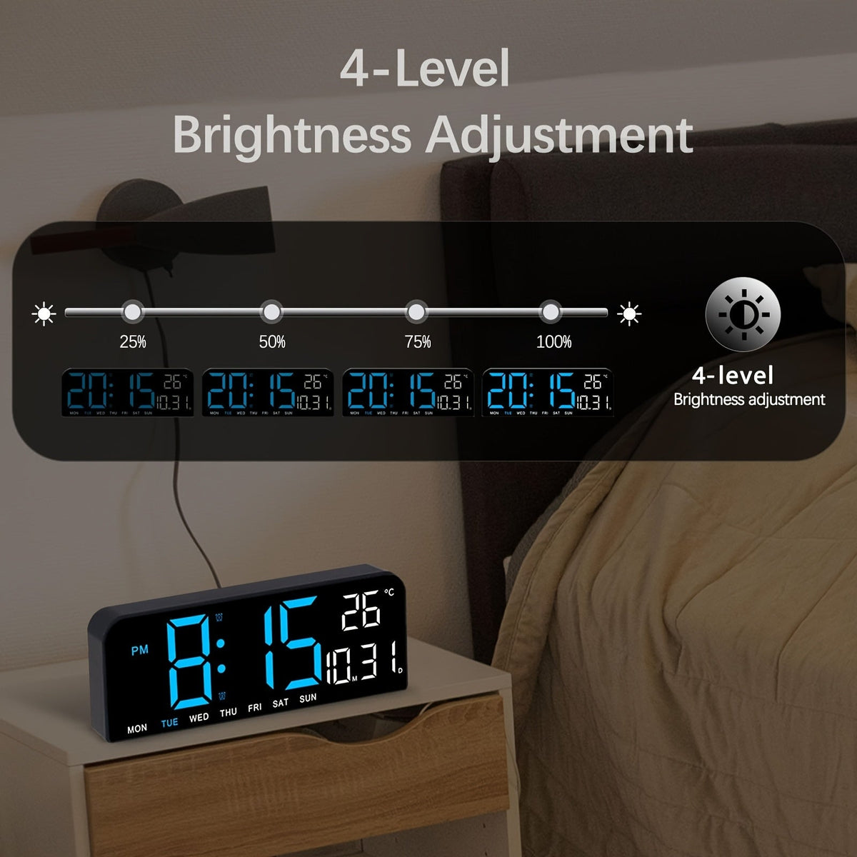Large Screen LED Alarm Clock with Auto-Dimming Remote Control – 15 Inch Digital Clock Displays Time, Date, Week, Temperature & Humidity – Bedroom Bedside Clock for Seniors, Living Room, Office Desk