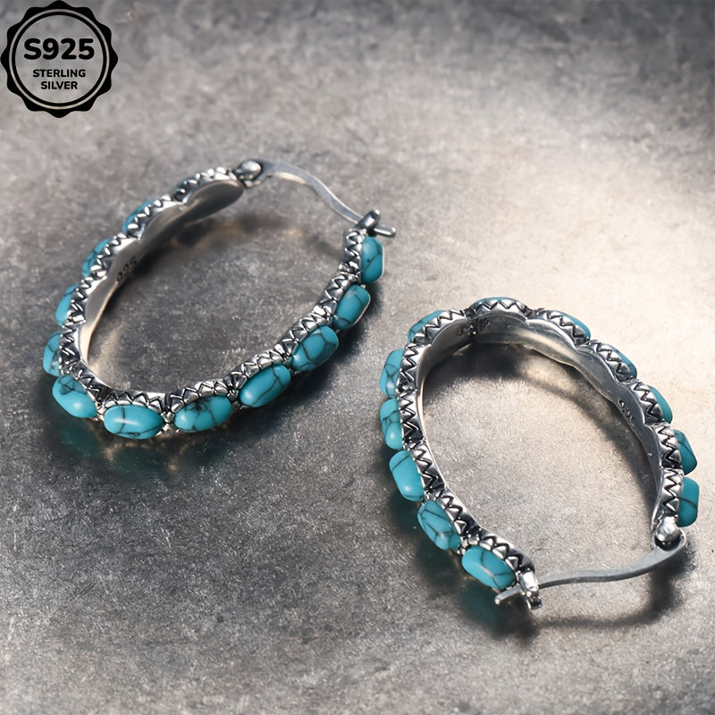 925 Sterling Silver Turquoise Stud Earrings – Bohemian Retro Hypoallergenic Earrings for Women, Charming Gemstone Studs for Daily Wear, Gift for Ladies – Mother's Day, Valentine's Day, Birthday & Anniversary