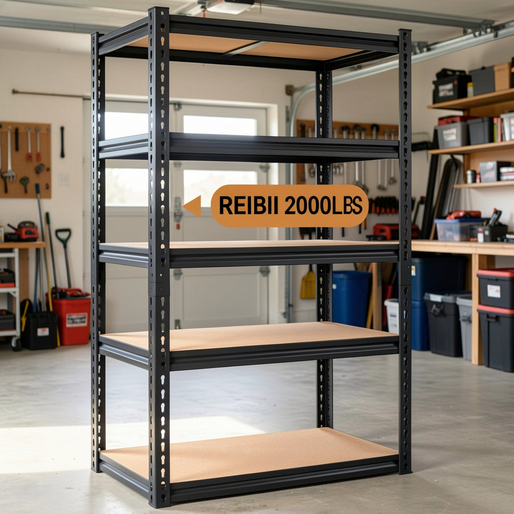 Heavy Duty 5-Tier Metal Garage Shelving Unit 2000 LBS – Adjustable Steel Storage Shelf Rack 60–72 Inch for Garage, Basement, Pantry, Kitchen & Warehouse, Tool-Free Assembly, Black